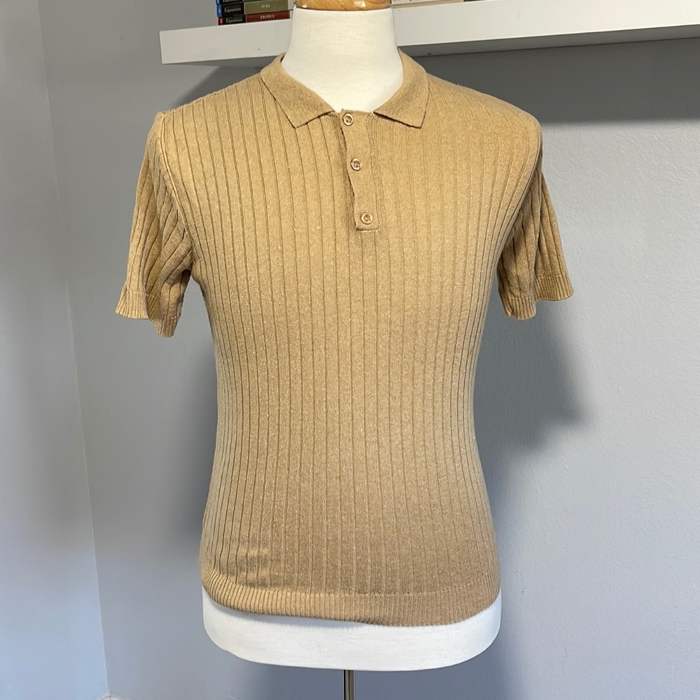 Tan knit ribbed polo shirt